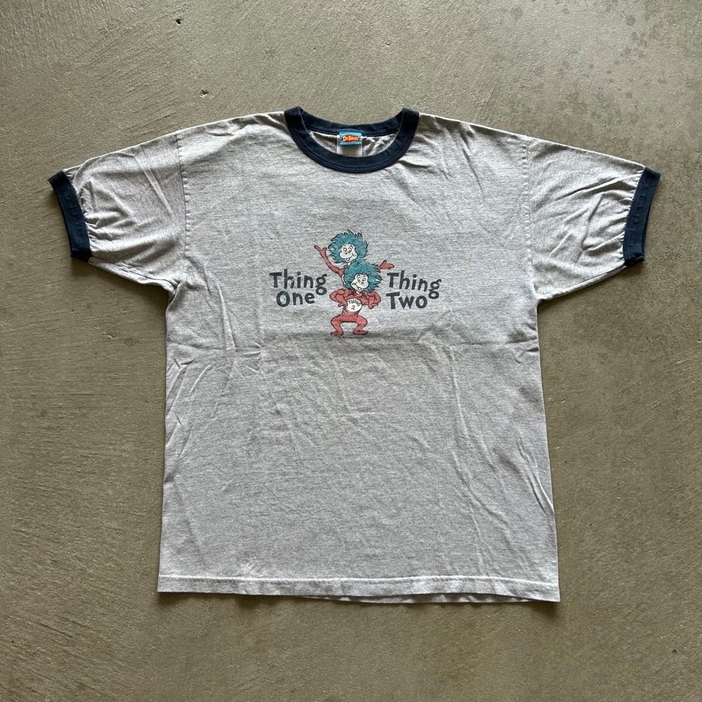 Vintage Dr Seuss Ringer Shirt Size XL Gray Thing One Thing Two Cat in the Hat
